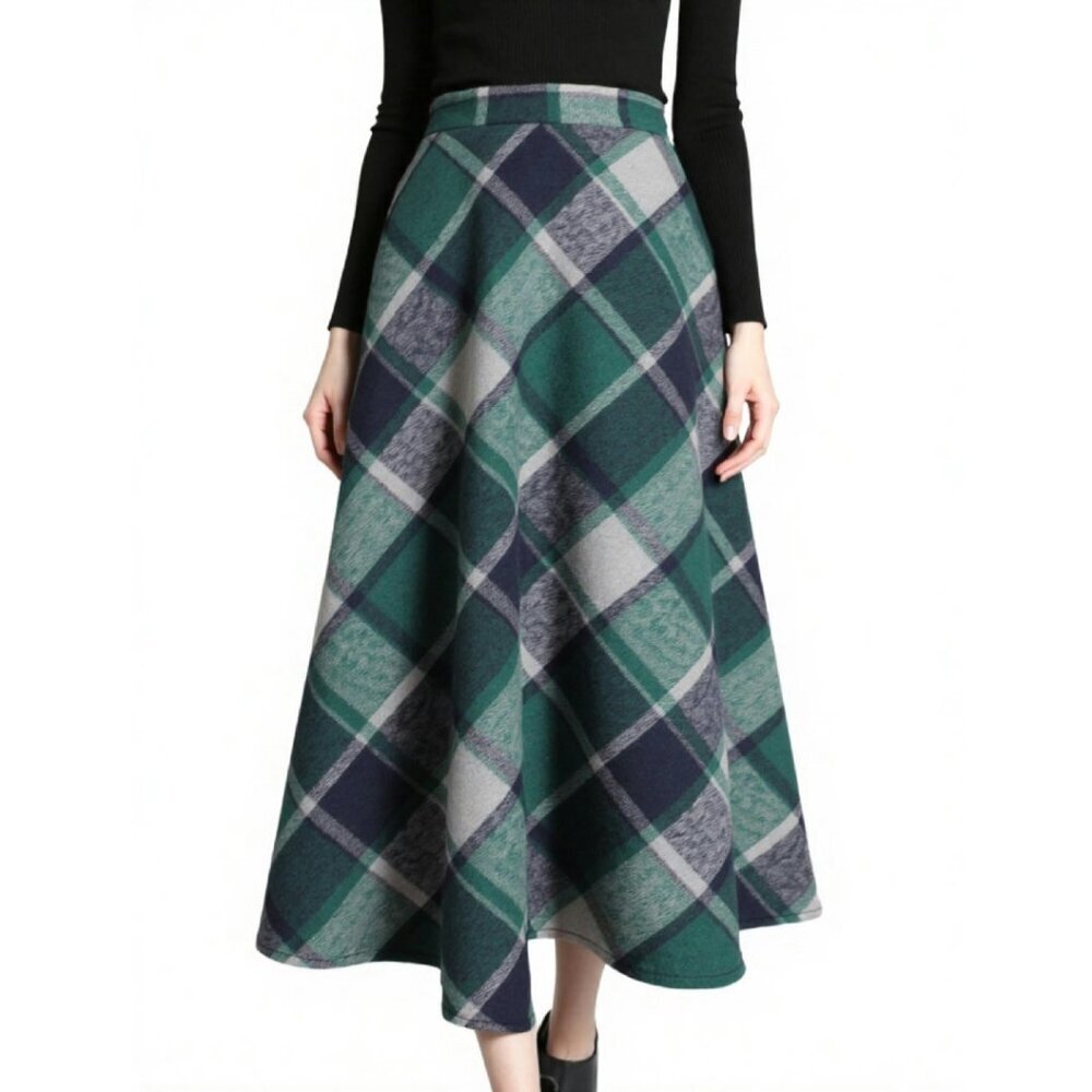 Wool Plaid A-Line Pleated Long Skirt with Elastic Waist and Pockets
